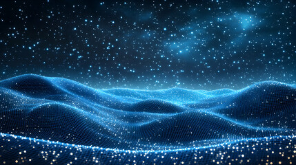 Fototapeta premium Abstract digital landscape with glowing particles and a starry night sky, perfect for technology or science backgrounds.