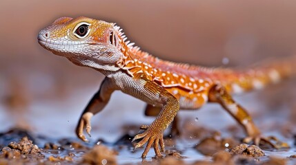 Naklejka premium Orange lizard walking in puddle, arid background, wildlife photography, nature