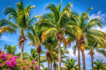 Obraz premium A cluster of palm trees sways together in the wind, their trunks and branches intertwined with vines and flowers, plant life, foliage, nature, tropical, vines