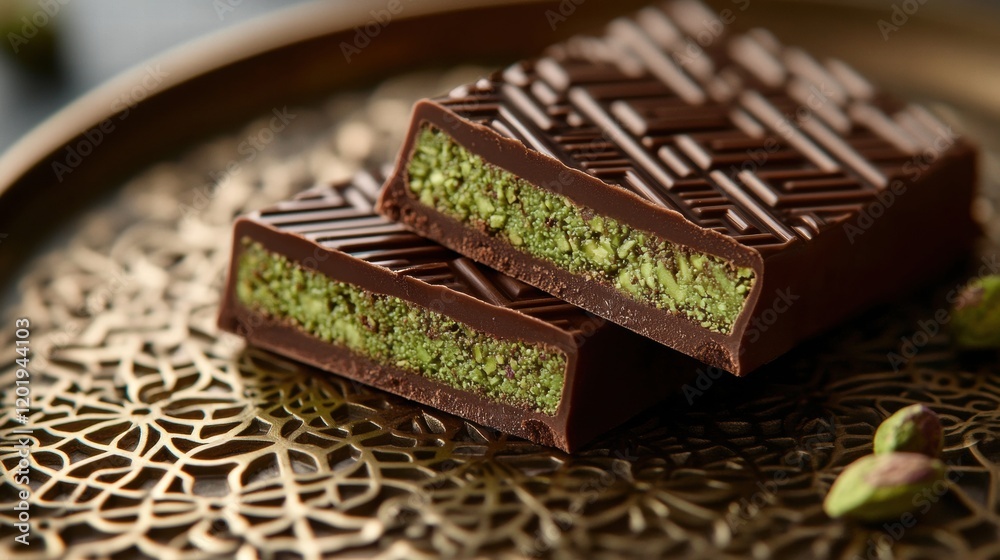 Poster indulging in a rich chocolate bar filled with creamy pistachio paste on an elegant dish. generative 