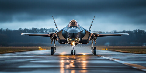 Naklejka premium Front view of a modern fighter jet on a runway at sunset, showcasing sleek design, advanced aerodynamics, and military technology in a dramatic setting.