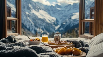 A luxurious breakfast in bed setup in a mountain cabin, overlooking snow-capped peaks