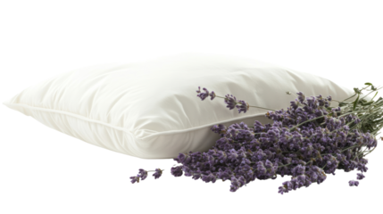 A soft, white pillow adorned with fresh lavender sprigs, perfect for promoting tranquility and restful sleep in any bedroom ambiance.