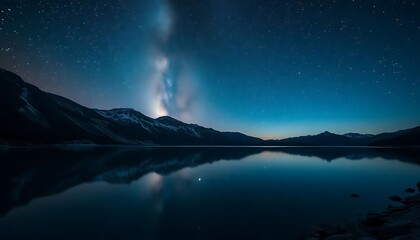 Naklejka premium Serene Night Lake Landscape with Starry Sky and Mountain Reflections