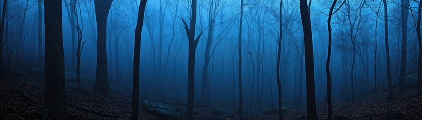 Blue forest mist, nature scene, tranquil woods. Background use website, game, book