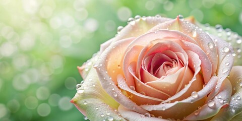 Delicate Damask rose petals with water drops glistening in the soft morning light, set against a serene green background, exuding elegance and refinement , serenity, floral motif