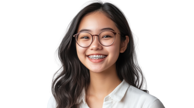 A cheerful young woman with glasses, smiling broadly. Her long, wavy hair frames her face, conveying a sense of happiness and warmth in a casual setting.