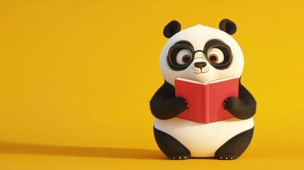 Naklejka premium Cartoon panda holding a book in a cute pose.