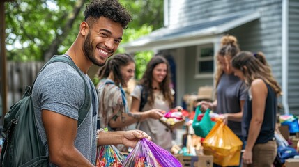 Obraz premium A successful garage sale scene with happy buyers leaving with bags full of treasures, while the seller counts earnings with a smile