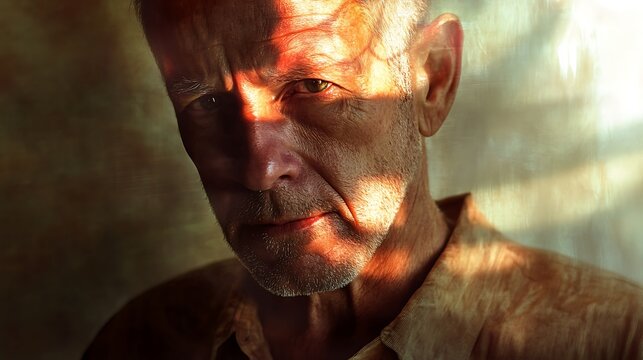 A portrait of an adult with light softly illuminating their face conveying a serene and introspective atmosphere