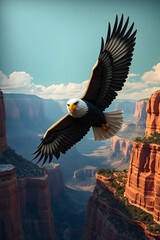 Fototapeta premium Bald eagle soaring gracefully, golden sunlight accentuating its wings