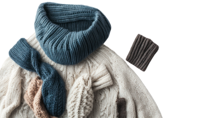 Cozy winter fashion featuring a stylish knitted sweater and scarves in various colors, perfect for keeping warm in chilly weather.
