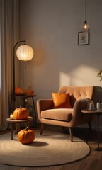 A cozy reading nook with a plush armchair, a floor lamp, and a few pumpkin decorations on a wooden side table, armchair, cozy