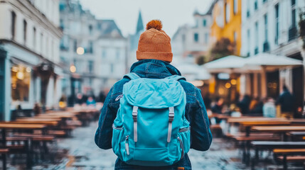 Traveler with Backpack in European City Street: Autumnal Scene