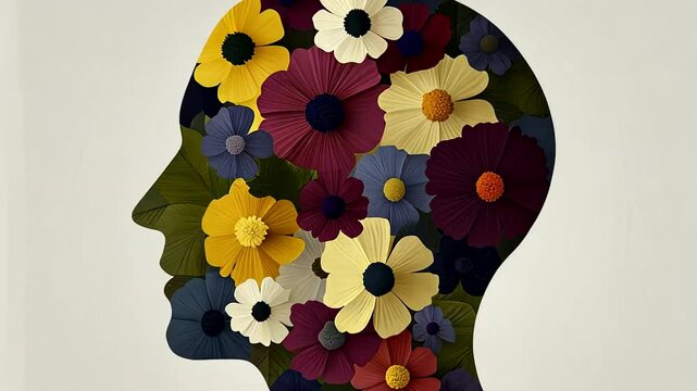 Silhouette of a head filled with colorful flowers symbolizing creativity and mindfulness