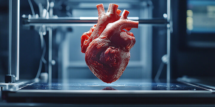 3D printed artificial heart in a futuristic laboratory, showcasing medical innovation, organ replacement technology, and advancements in healthcare and bioengineering.