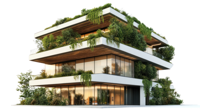 A modern architectural masterpiece featuring a lush green facade with abundant plants. This contemporary design blends nature with innovative living space.