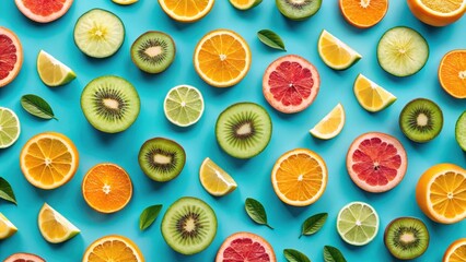 Tropical fruit slices arranged in a seamless pattern on a blue background , food, tropical,  food, tropical, design, pattern, fresh