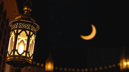 Ornamental Arabic lantern with burning candle, invitation for Muslim holy month Ramadan Kareem background.