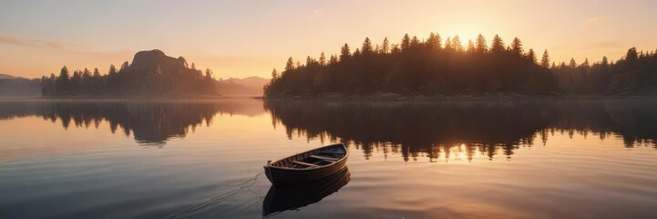 A lone boat drifting on the surface of a calm lake at sunset, nature, peaceful, serene