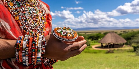 A Maasai man wearing intricately beaded jewelry, including a necklace and bracelets, in a ceremonial setting.