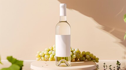 Fototapeta premium A minimalistic still life featuring a white wine bottle with blank label, surrounded by grapes