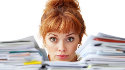 A focused woman peers over a tall stack of paperwork, embodying stress and determination in a busy office environment, representing productivity challenges.