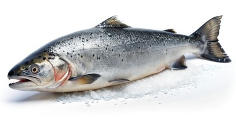 Fototapeta premium A lone salmon lies on a white background, its scales glistening in the faint light, as it secretes a trail of slimy mucus behind it, water, flesh, seafood, texture