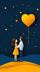 Obraz premium Couple Under Starry Night Sky Holding Heart Balloon, Romantic Scene of Love and Affection, Vibrant Colors and Dreamy Atmosphere, Perfect for Valentine's Day or Relationship Themes