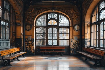 A vintage waiting area with wooden benches and large windows, evoking nostalgia and quiet reflection.
