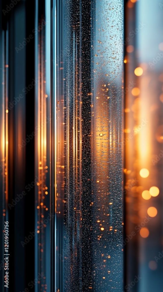 Wall mural abstract close-up of glimmering light reflections on rain-soaked window surfaces with soft bokeh eff