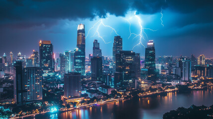 Obraz premium Lightning strikes over modern cityscape at night illuminating skyscrapers and streets, dangerous storm, river 