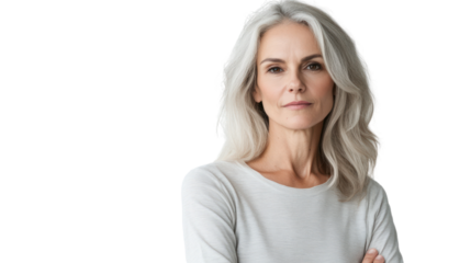 A confident older woman with long gray hair poses thoughtfully, showcasing her wisdom and grace in a minimalist, neutral backdrop.