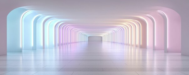 A modern, minimalist corridor with colorful lighting, featuring arches that create a vibrant and inviting atmosphere.