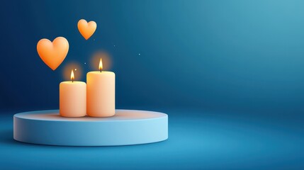 Two lit candles on a round pedestal with floating heart shapes in a serene blue background, encapsulating a romantic and cozy atmosphere perfect for special occasions.