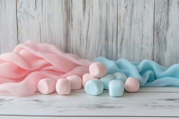 A high-quality photograph of soft, fluffy marshmallows in pastel colors, neatly arranged on a white surface with soft lighting, creating a cozy atmosphere