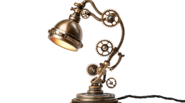 A vintage steampunk desk lamp with intricate metal gears and a warm glowing light, perfect for adding style to any workspace or home office.