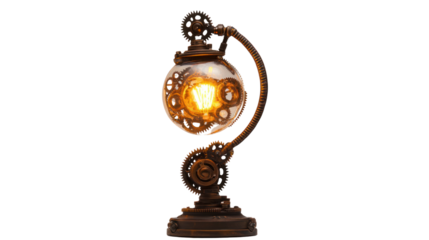 A vintage steampunk lamp with intricate gears and a glowing bulb, perfect for adding a unique touch to home decor and creative projects.
