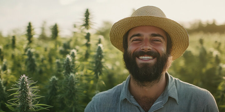 Smiling male farmer with a beard wearing a straw hat in a vibrant green hemp field, surrounded by plants under a sunny blue sky, showcasing sustainable agriculture and happiness.