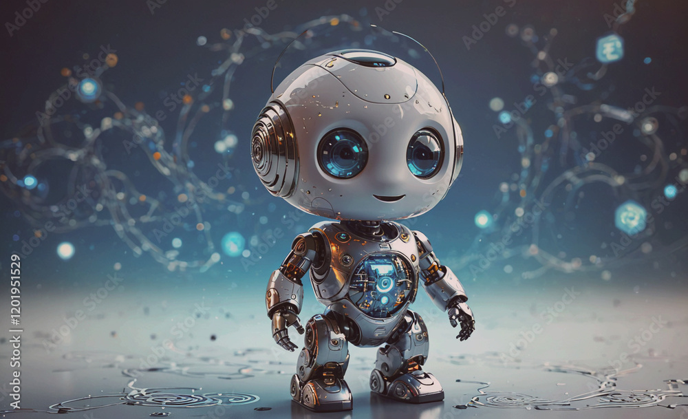Poster A robot with blue eyes stands in front of a blue background. The robot is smiling and he is happy
