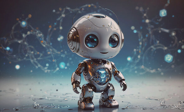 A robot with blue eyes stands in front of a blue background. The robot is smiling and he is happy