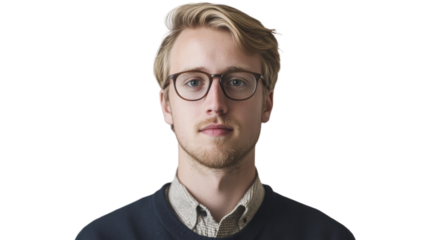 A focused young man wearing glasses, portraying confidence and determination. Ideal for topics related to education, business, or personal development.