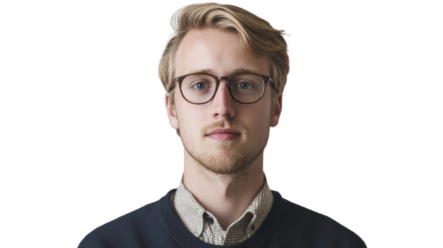 A focused young man wearing glasses, portraying confidence and determination. Ideal for topics related to education, business, or personal development.