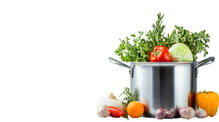 A vibrant assortment of fresh vegetables, including tomatoes, peppers, and herbs, beautifully arranged in a shiny silver pot, ready for cooking.