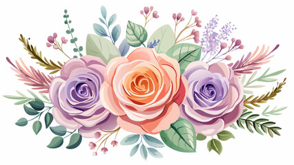 An arrangement of whimsical pastel roses with detailed petals, accompanied by sprigs of lavender and eucalyptus, in a soft watercolor style on a white background 