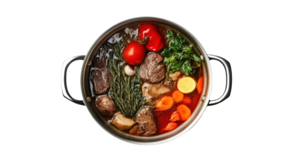 A vibrant pot filled with fresh ingredients including meat, carrots, tomatoes, and herbs, ready for a delicious and hearty meal.