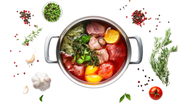 A vibrant pot of stew featuring fresh vegetables, herbs, and various meats, surrounded by spices and ingredients, perfect for culinary creativity.