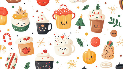 Delightful Holiday Treats: Festive Cupcakes, Hot Cocoa, and Ornaments Seamless Pattern