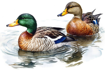 Obraz premium ducks in water watercolor illustration., watercolor style, Generative AI