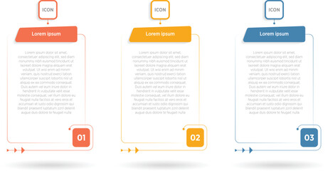 Three color rectangular elements placed in horizontal row. Concept of 3 steps of business development process. Simple infographic design template. Modern linear vector illustration for report.